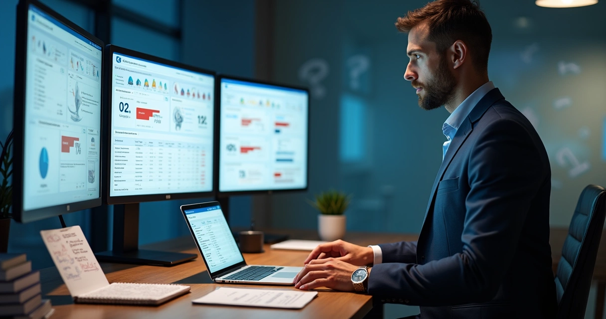 Gestor de vendas olhando funil de prospecção confuso em tela com gráficos caindo