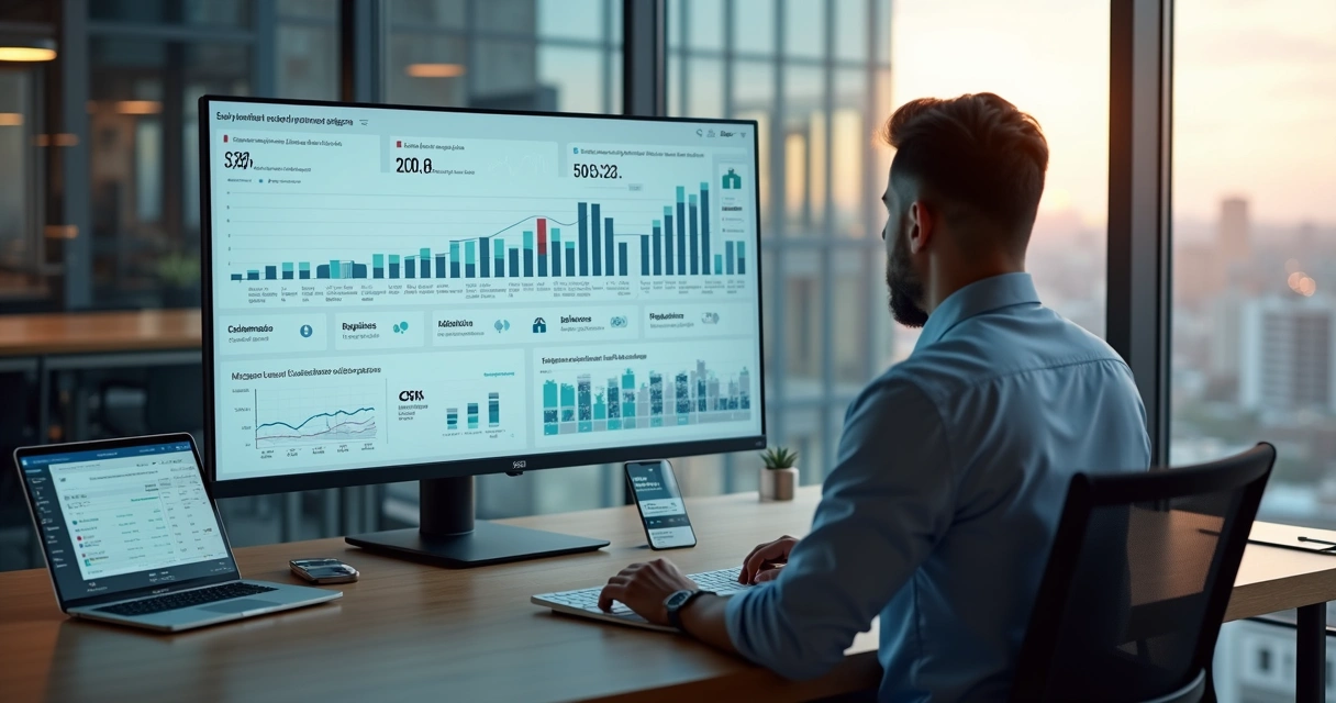 Gestor analisando funil de vendas B2B em dashboard com quedas e oportunidades