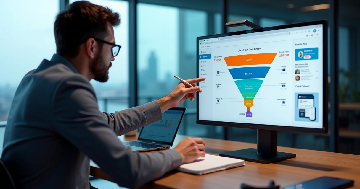 Executivo analisando funil de vendas B2B digital em tela grande com destaque para LinkedIn e automação