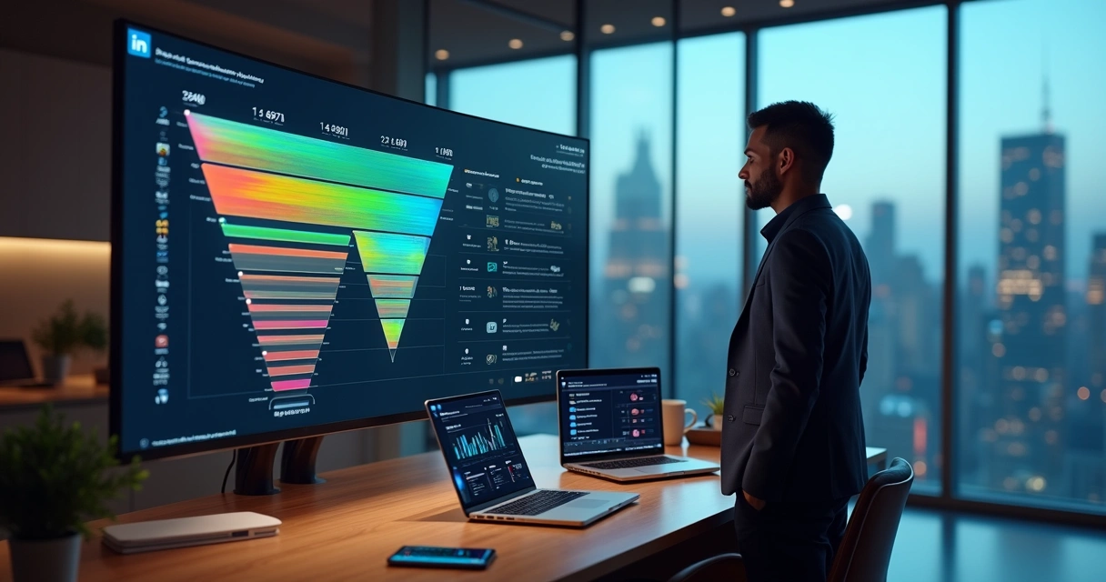 Gestor analisando funil de vendas B2B com gargalos destacados em tela