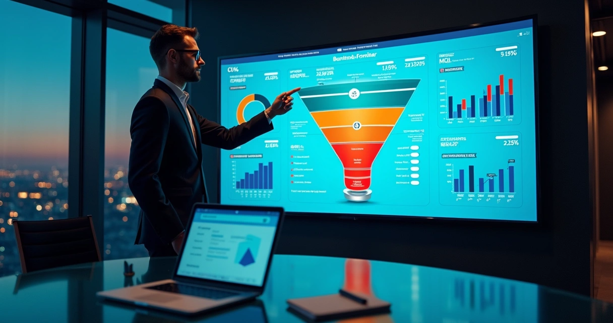 Gestor analisando funil de vendas B2B com gargalos em um dashboard digital