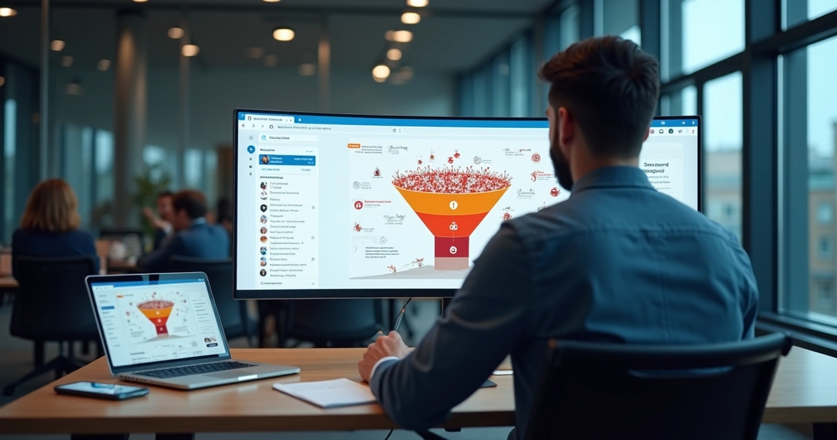 Gestor de vendas analisando funil B2B travado em tela com gargalo no topo