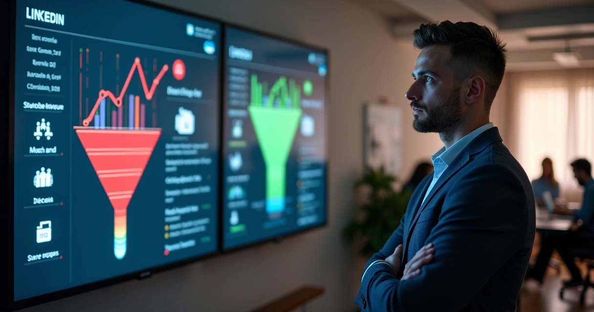 Executivo analisando funil de vendas instável com gráficos e dados em tela grande