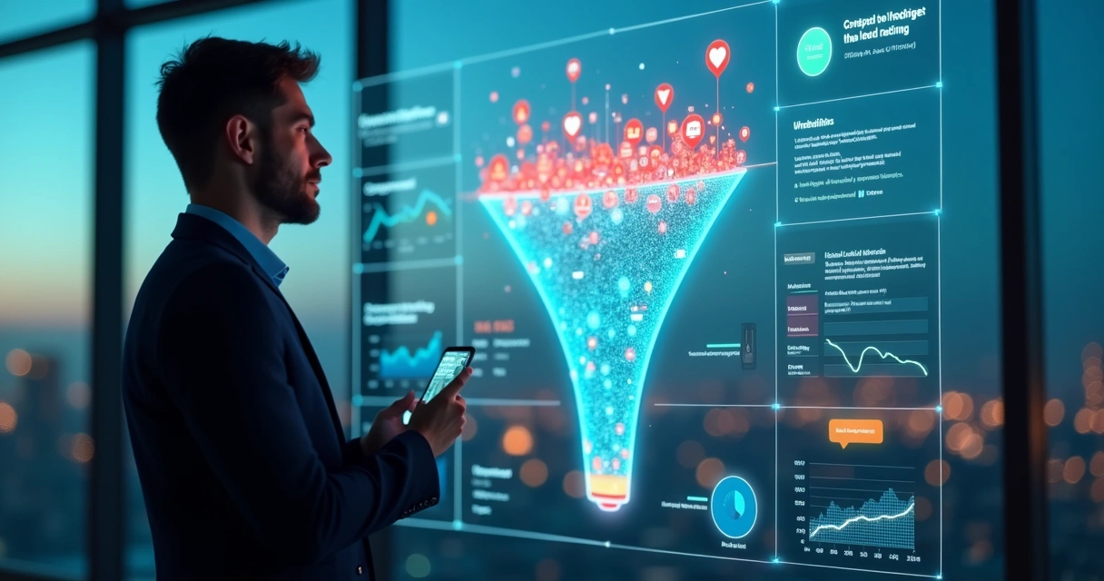 Gestor B2B observando funil de vendas travado em painel digital