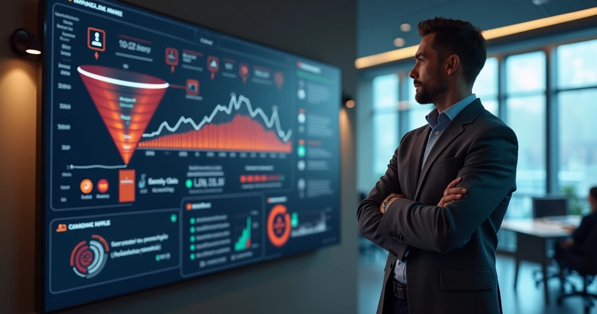 Gestor de vendas observando funil B2B travado em painel digital