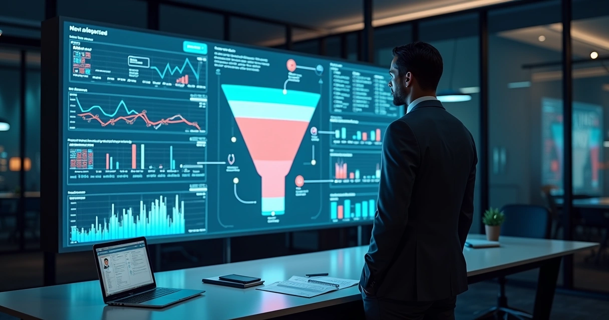 Gestor analisando funil de vendas B2B travado em painel digital