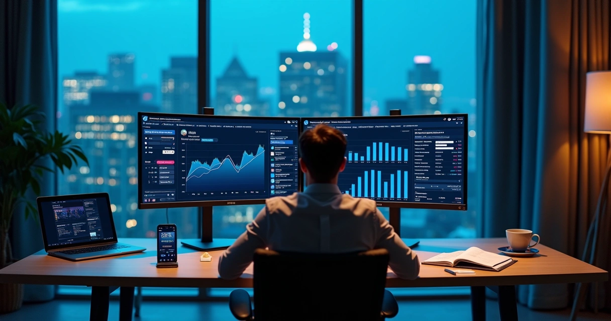 Executivo analisando painel de leads B2B no LinkedIn em escritório moderno