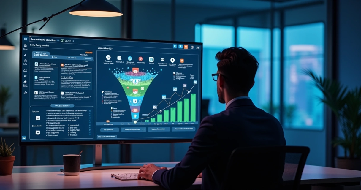Profissional analisando painel de funil de leads B2B em tela com foco no LinkedIn