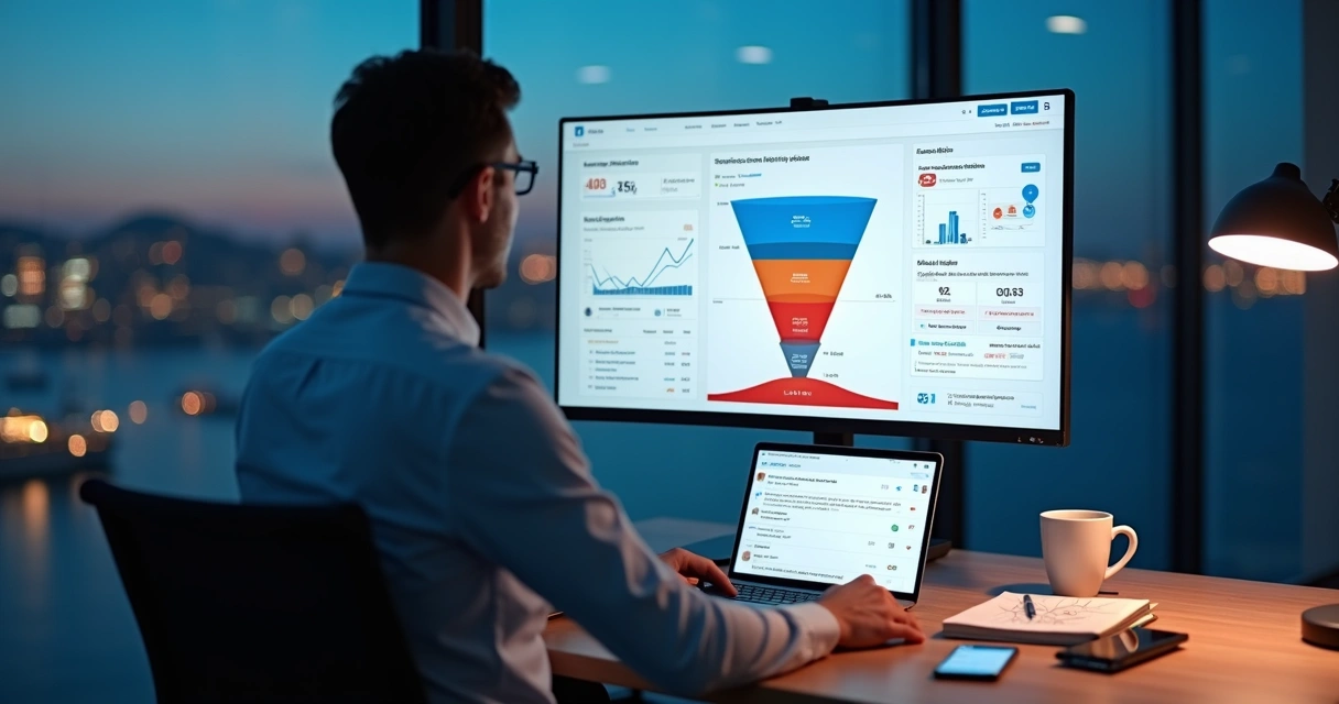 Gestor analisando funil de leads travado em dashboard com LinkedIn ao fundo