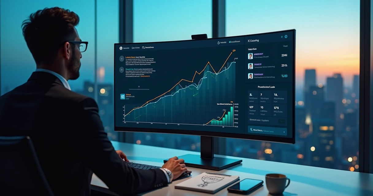 Executivo analisando painel de leads qualificados em tela com LinkedIn ao fundo