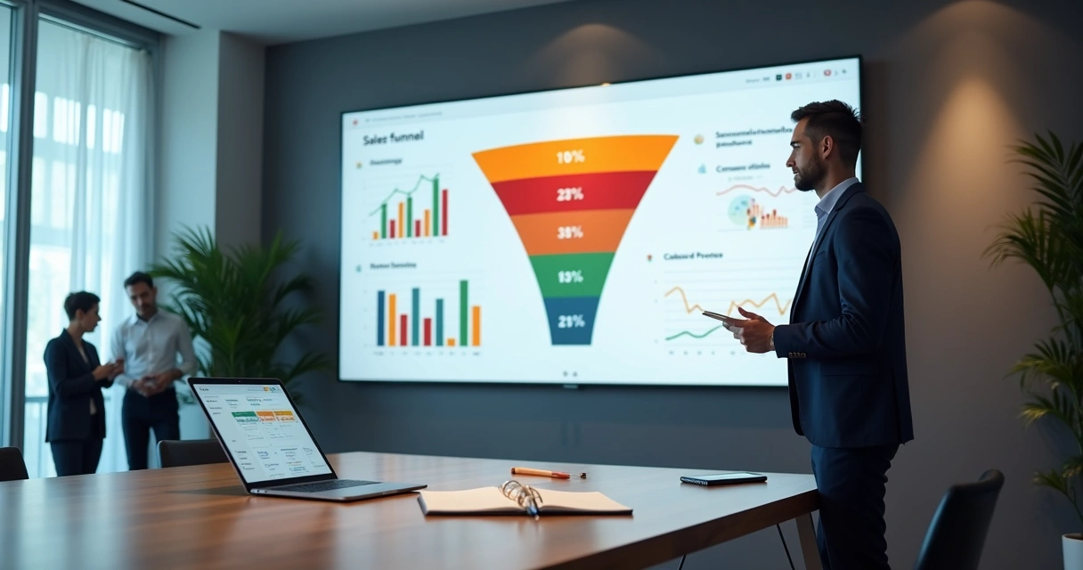 Gestor de vendas analisando funil de vendas digital com gráficos de conversão em tela grande