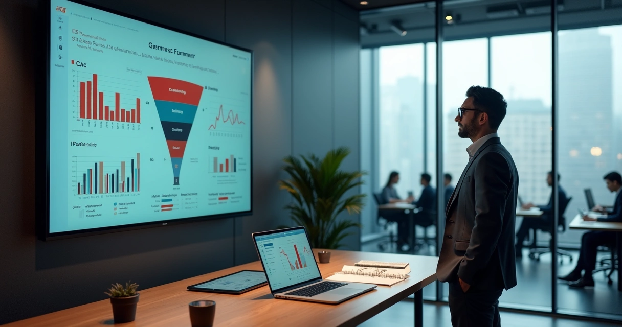 Gestor de vendas observando painel de funil e métricas em um escritório moderno