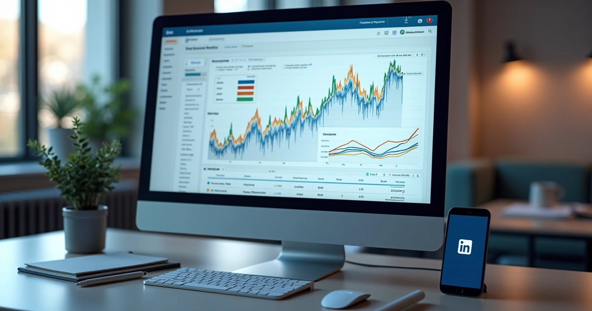 Tela com integração de CRM e LinkedIn mostrando gráficos de leads e conexões numa interface moderna e limpa
