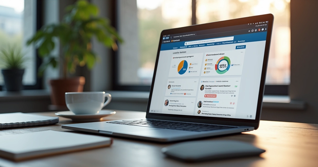 Computador mostrando tela com interface do LinkedIn, mensagens automáticas enviando lead magnets, gráficos de engajamento e conexão entre perfis profissionais