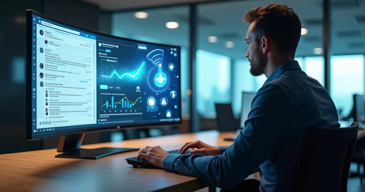 Profissional analisando lead magnet no LinkedIn em dashboard com automações e mensagens em destaque