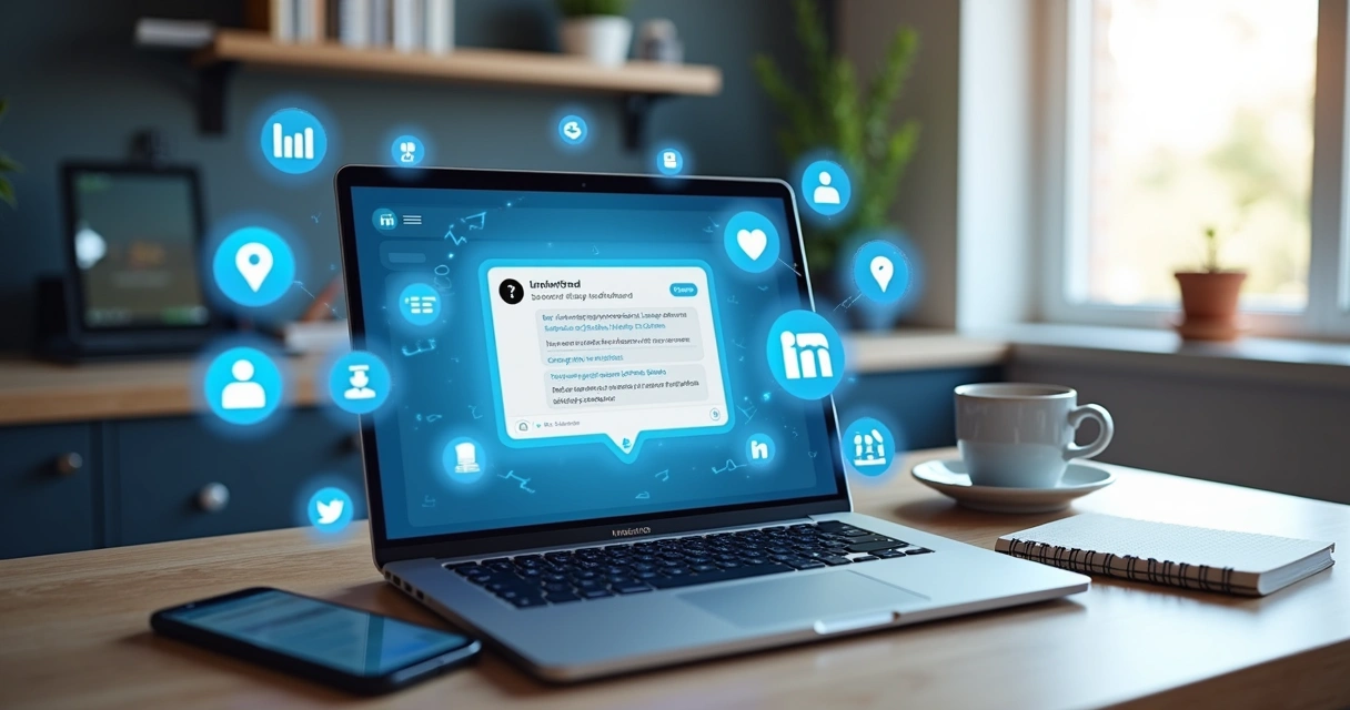 Computador mostrando tela do LinkedIn com mensagens de lead magnets entregues via DM