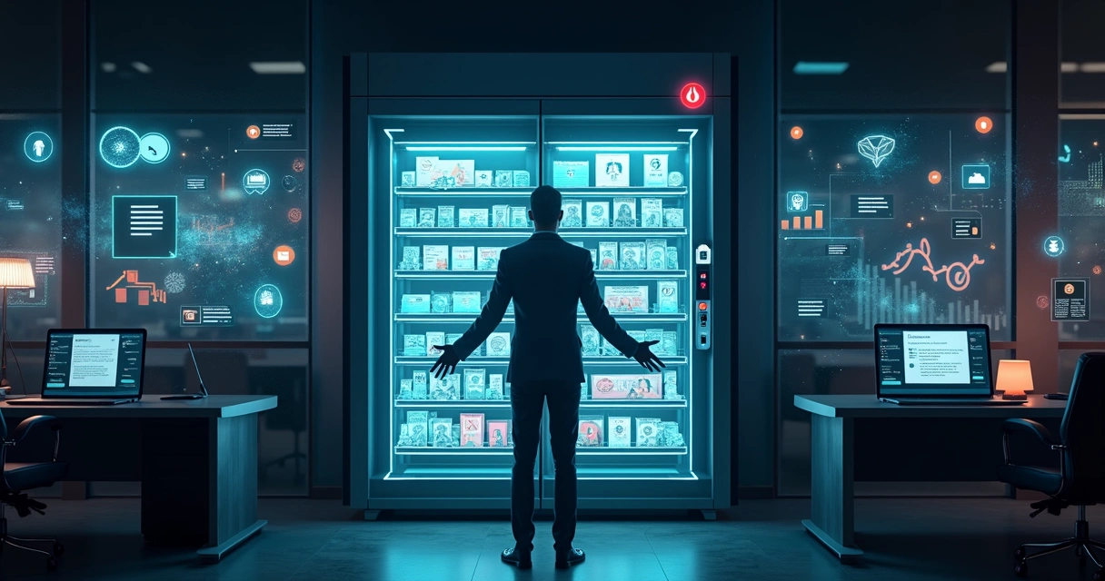 Executivo observando máquina de prospecção digital parada com dinheiro escapando