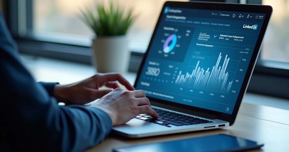 Pessoa usando notebook mostrando tela do LinkedIn com gráficos e interações de rede social ao redor