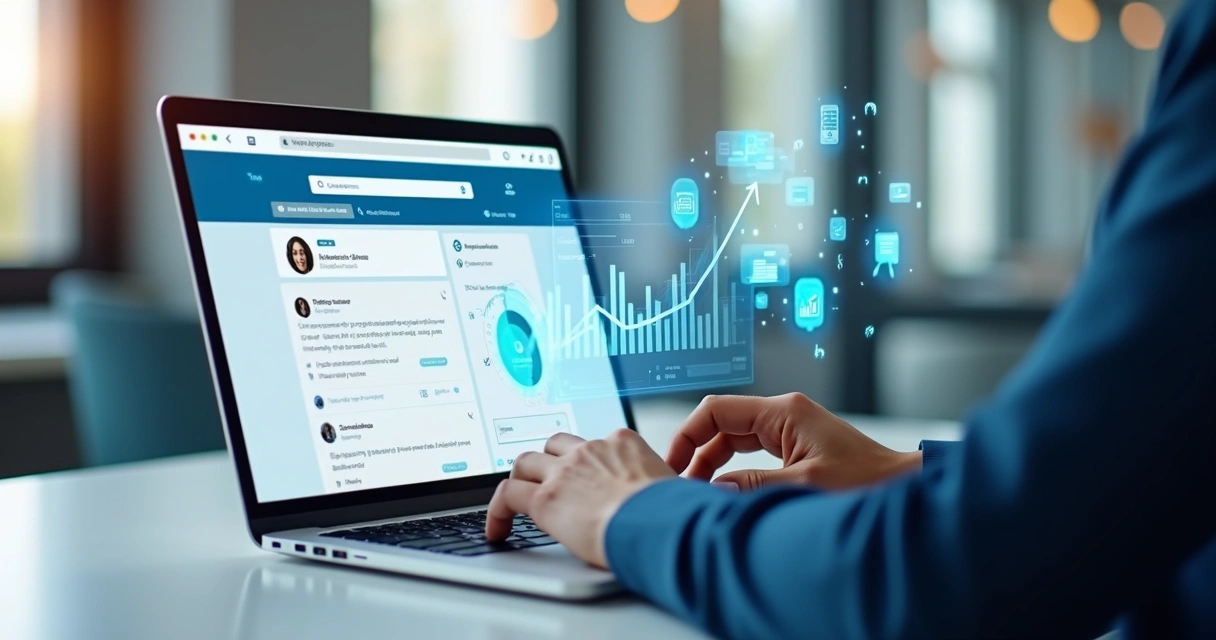 Pessoa usando laptop mostrando gráfico de crescimento e mensagens automáticas no LinkedIn