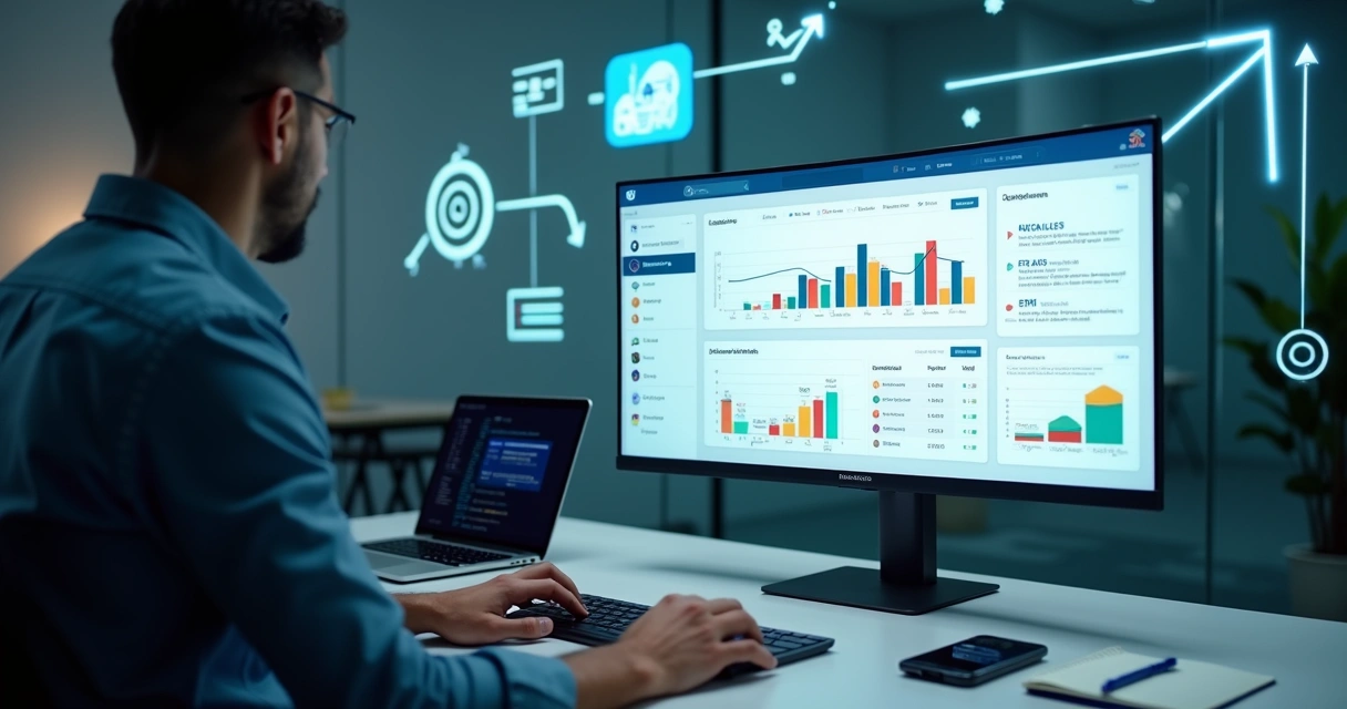 Profissional analisando funil de outbound B2B com gráficos de leads qualificados em tela widescreen