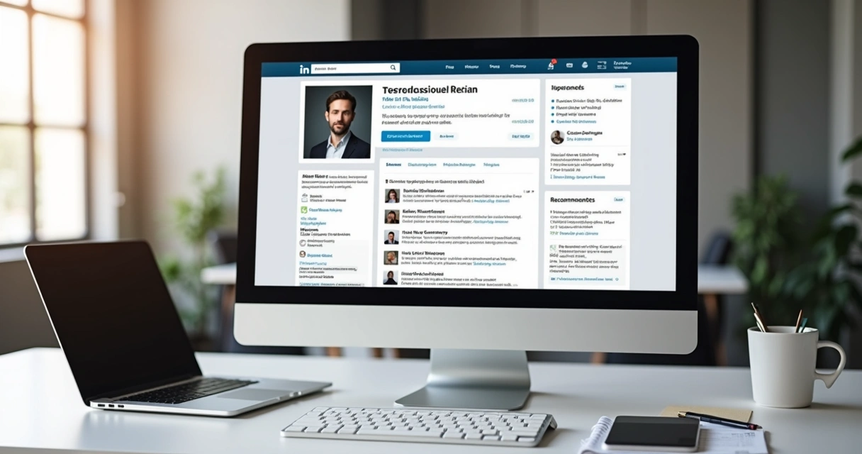 Tela de perfil do LinkedIn otimizado para vendas, mostrando foto profissional, destaque em habilidades e seção de recomendações