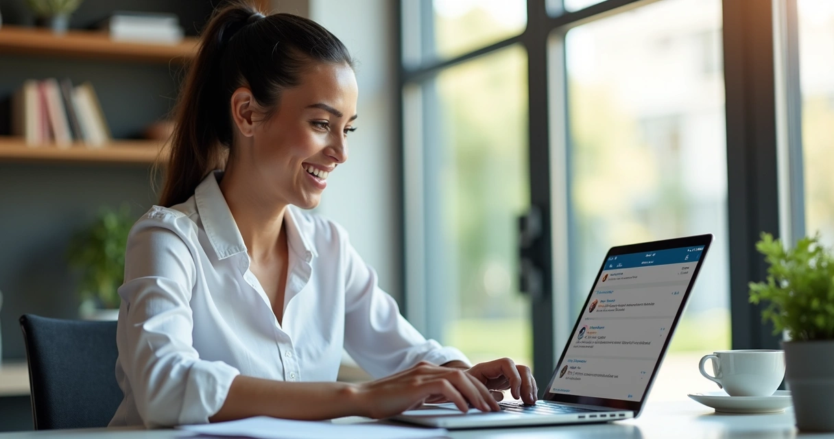 Profissional sorridente digitando comentário no LinkedIn em laptop moderno com gráficos de engajamento na tela