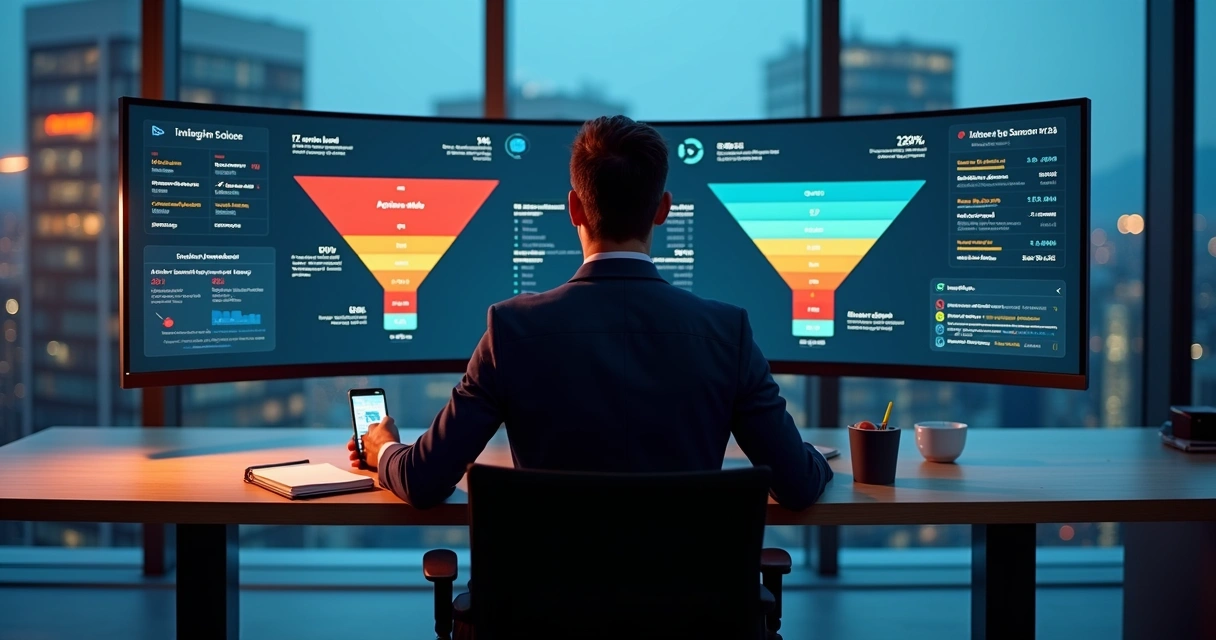 Gestor B2B observando funil de vendas digital com métricas e alertas de follow-up pendente