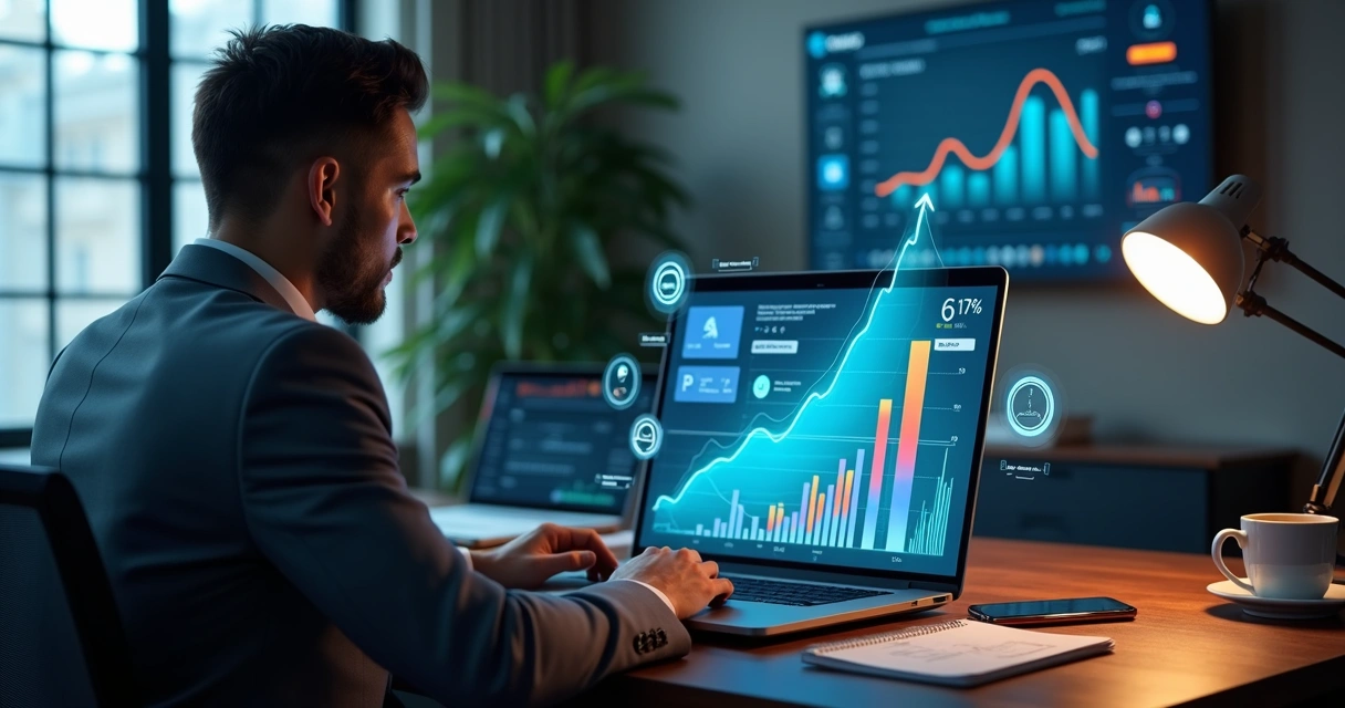 Executivo analisando gráficos de vendas em laptop com automações e ícones de LinkedIn ao fundo