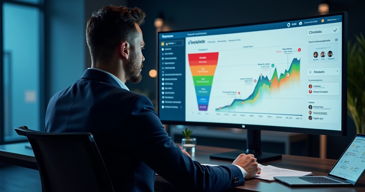 Gestor analisando funil de vendas B2B em tela com LinkedIn e automações