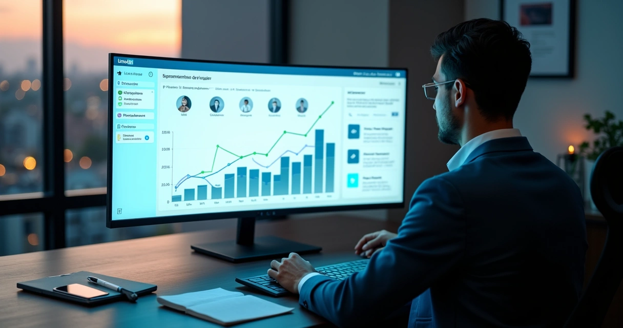 Gestor analisando funil de vendas B2B com gráficos de leads e automação no LinkedIn