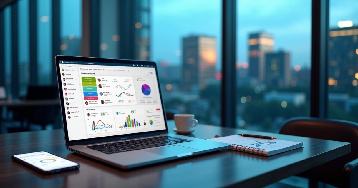 Dashboard de prospecção B2B no LinkedIn com automações e funil de vendas em tela de notebook