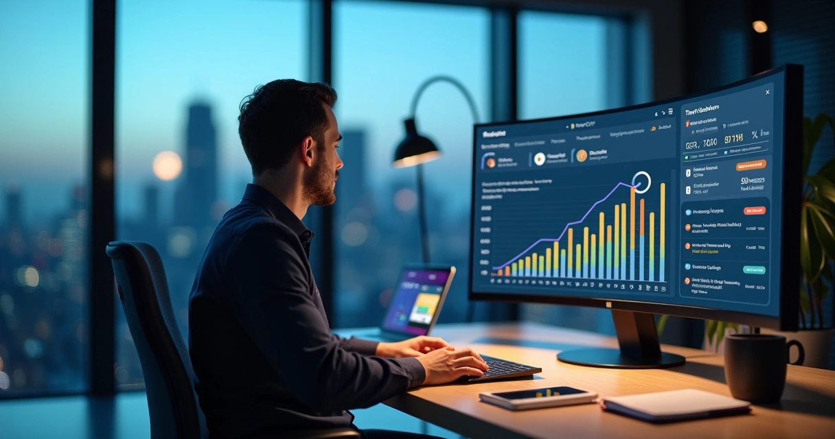 Gestor de vendas analisando painel de leads B2B com gráficos de crescimento