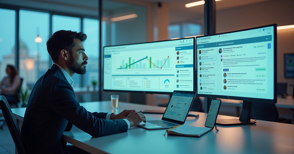 Profissional analisando painel de funil de vendas B2B com automação e LinkedIn na tela