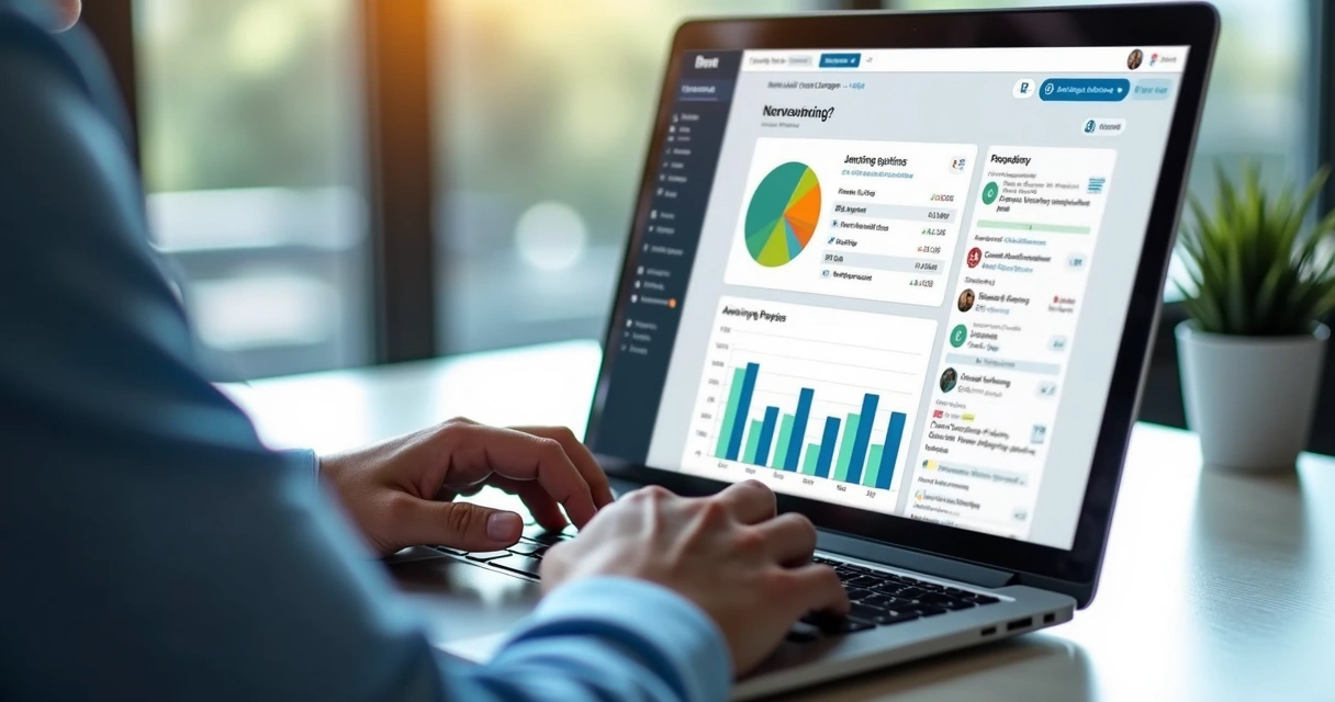 Pessoa analisando dados de prospecção no LinkedIn em um laptop, com gráficos e mensagens na tela e elementos visuais que remetem a networking e automação digital