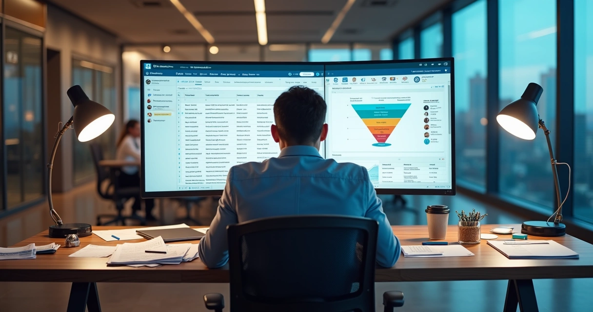 Profissional olhando planilha caótica enquanto tela com funil automatizado de LinkedIn aparece ao lado
