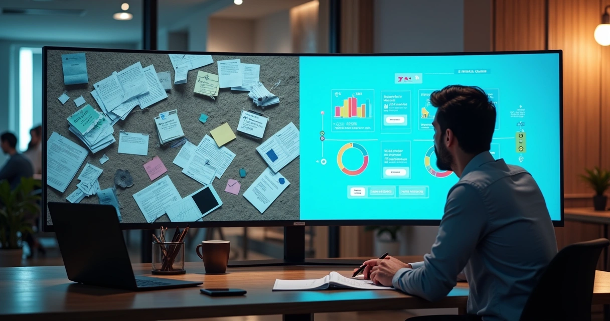 Gestor de vendas analisando funil visual em tela dividida entre planilha caótica e automação no LinkedIn