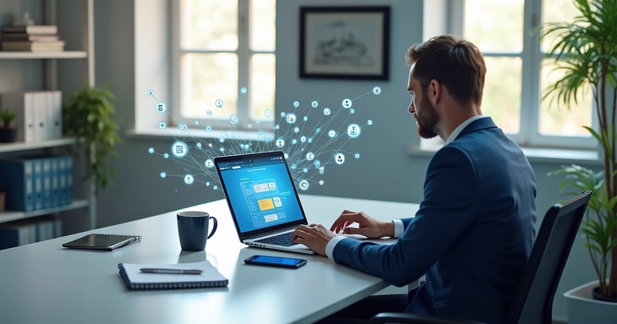 Profissional utilizando laptop moderno com interface do LinkedIn aberta para prospecção de vendas