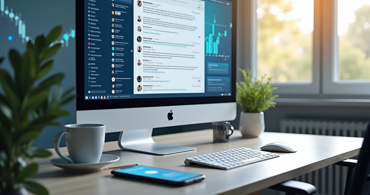 Painel de computador mostrando automação de respostas em mensagens do LinkedIn com gráficos de engajamento crescente