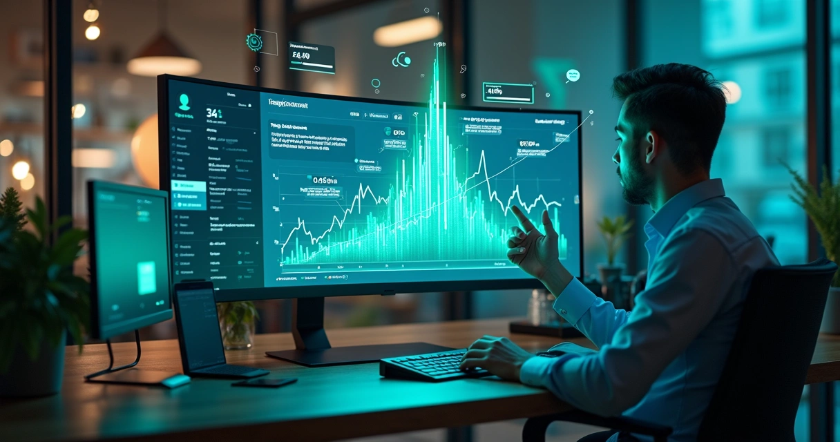Profissional analisa painel de vendas no LinkedIn com gráficos de crescimento e automações em destaque