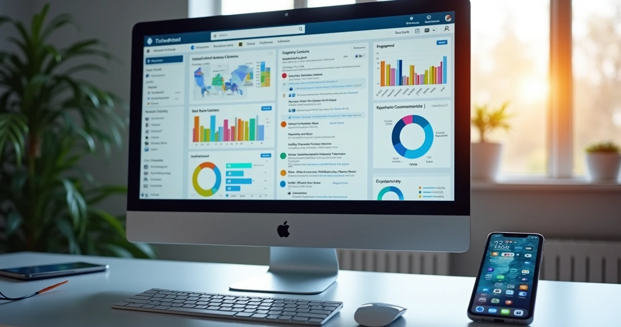 Tela de computador com painel do LinkedIn aberto mostrando lista de contatos de vendas B2B e gráficos de engajamento ao fundo