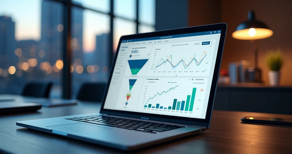 Painel de analytics mostrando funil B2B com gráficos e ícones do LinkedIn na tela de um notebook