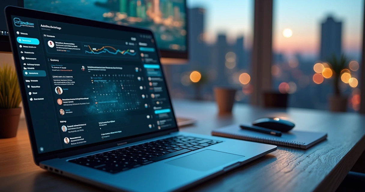 Painel com automação de mensagens e agendamento no LinkedIn em tela de notebook