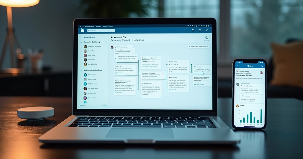 Painel de automação com cadências de mensagens na DM do LinkedIn em tela de laptop