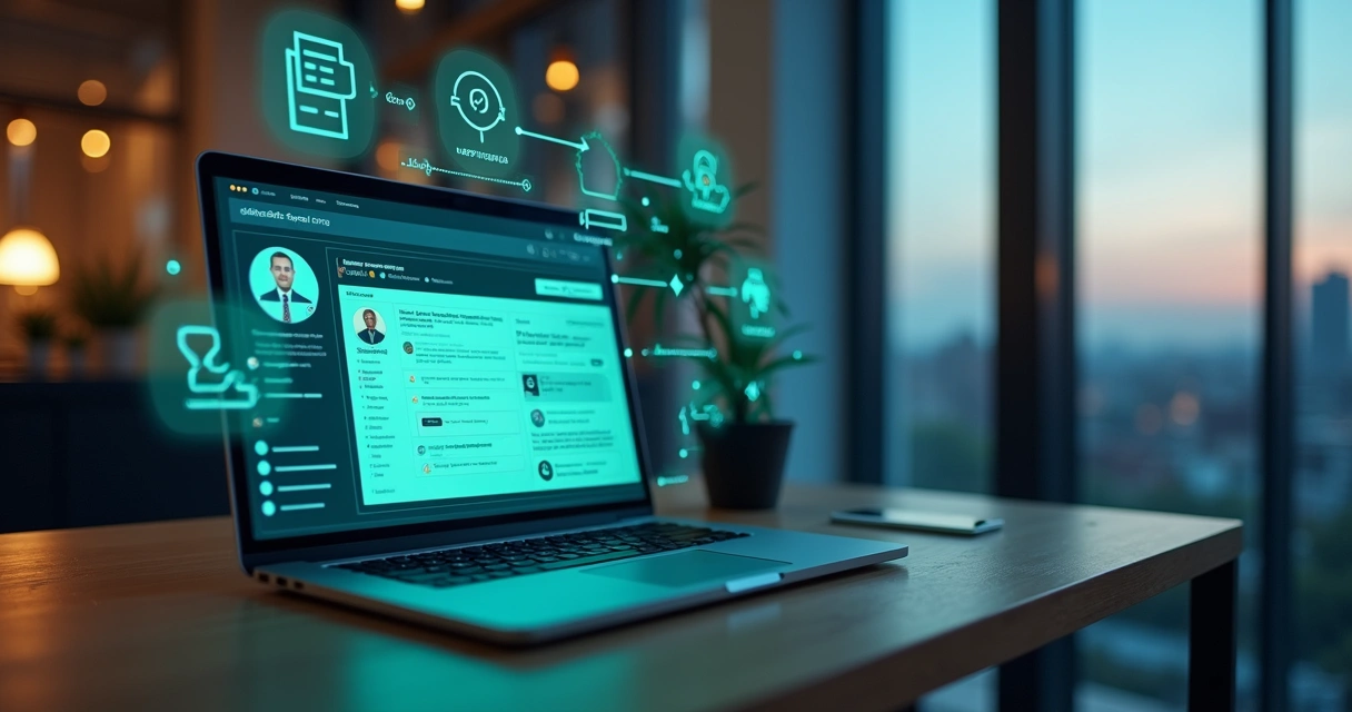 Profissional analisando automação no LinkedIn com ícones de cadeado e conformidade LGPD
