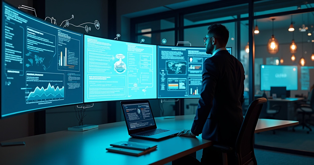 Profissional analisando painel de automação do LinkedIn com dados B2B em tela gigante