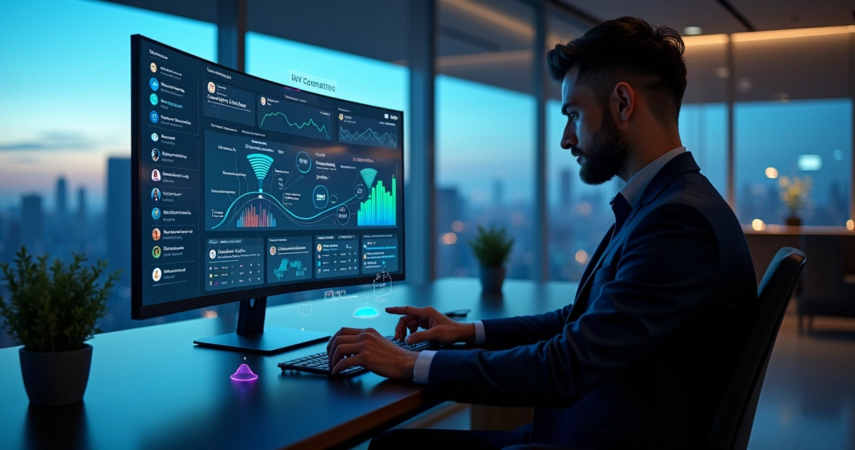 Executivo analisando automação de micro-ofertas B2B em painel futurista do LinkedIn