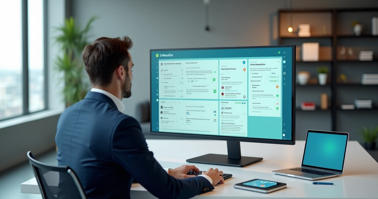 Profissional analisando painel de automação segura no LinkedIn em ambiente corporativo moderno