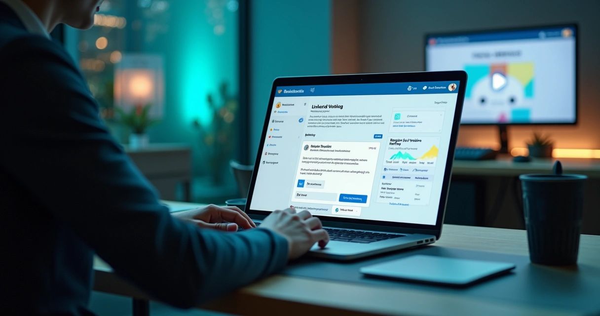 Profissional usando notebook com tela mostrando automação de convites de webinar pelo LinkedIn via DM