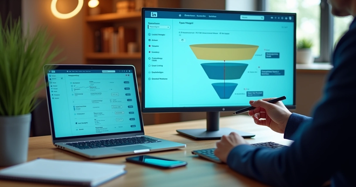 Profissional analisando reações em posts do LinkedIn em um dashboard com funil de leads