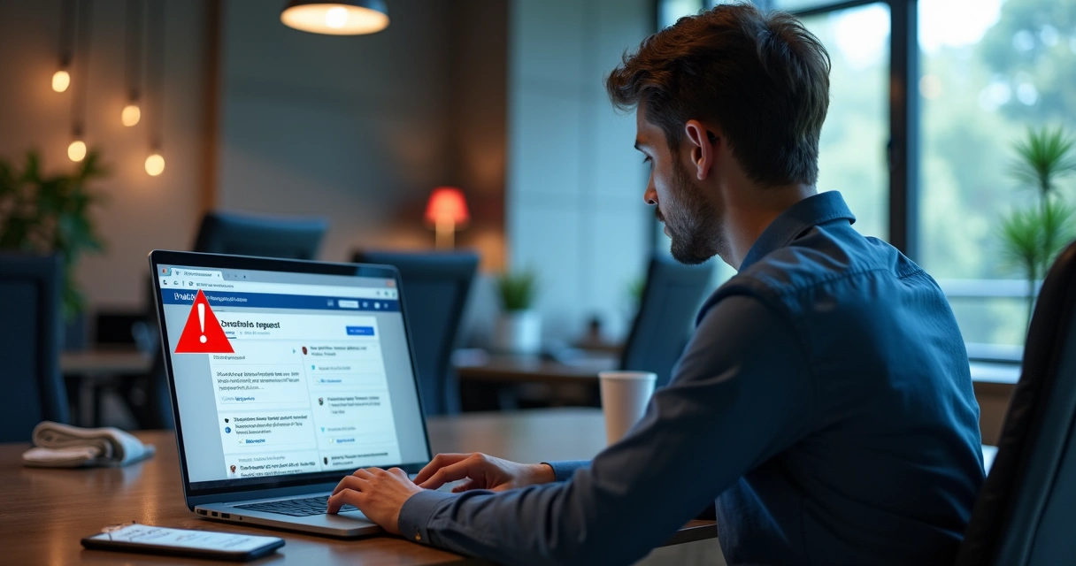 Profissional preocupado vendo alertas de bloqueio no perfil do LinkedIn ao enviar convites